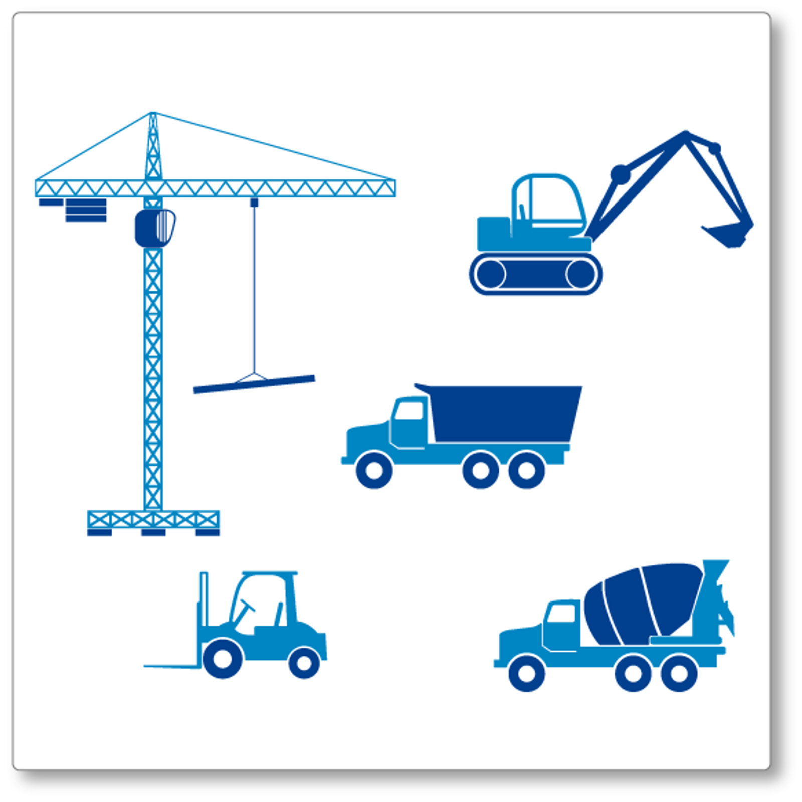 Our construction Machine set vinyl wall decal comes with four vehicles and one crane. Shown here in light blue and blue.