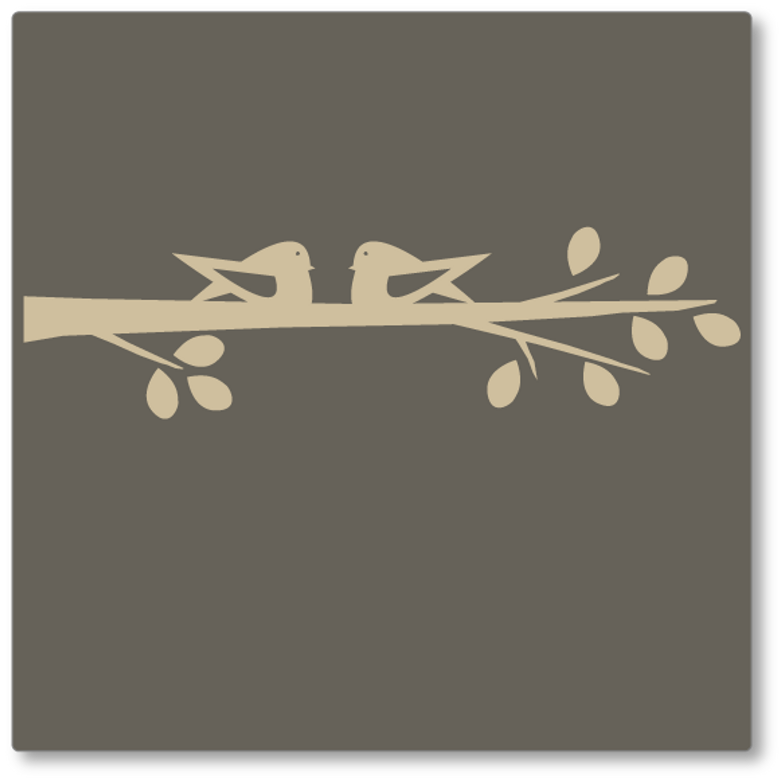 Our cute birds on a branch wall decal features two birds sitting on a branch with leaves. Shown here in beige on dark grey.