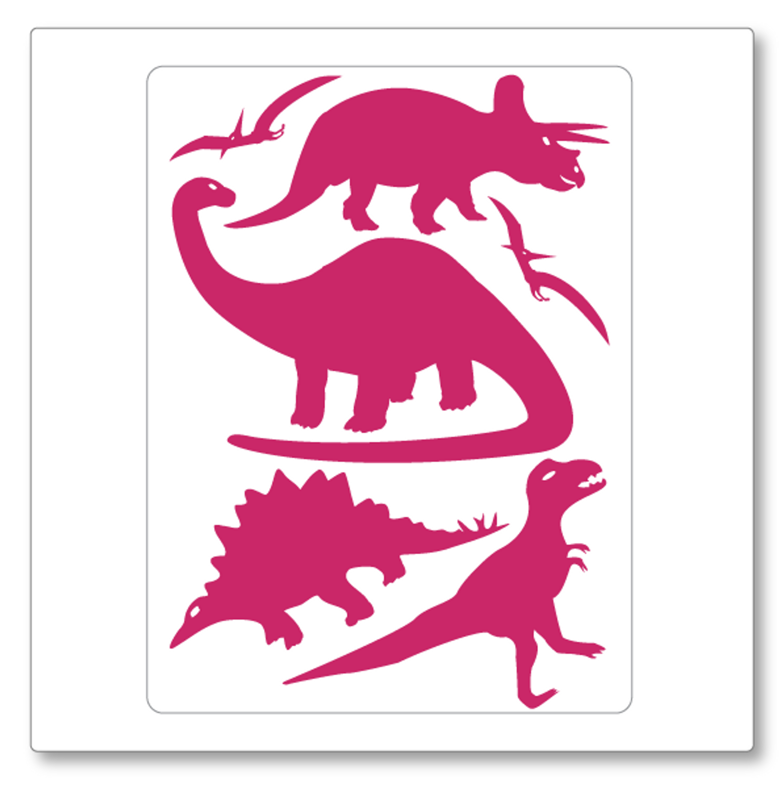 Our dinosaurs vinyl wall decal contains six dinosaurs, four standing and two flying. Shown here in pink on white.