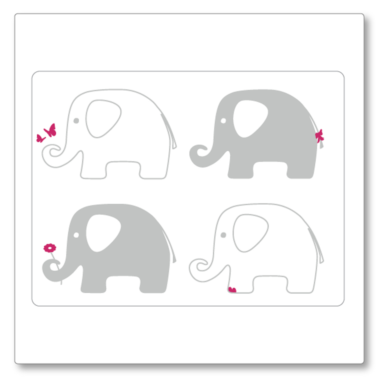 Our elephant vinyl decal has four elephants with accent details like flowers, butterflies and a bow. Shown as grey and pink. 