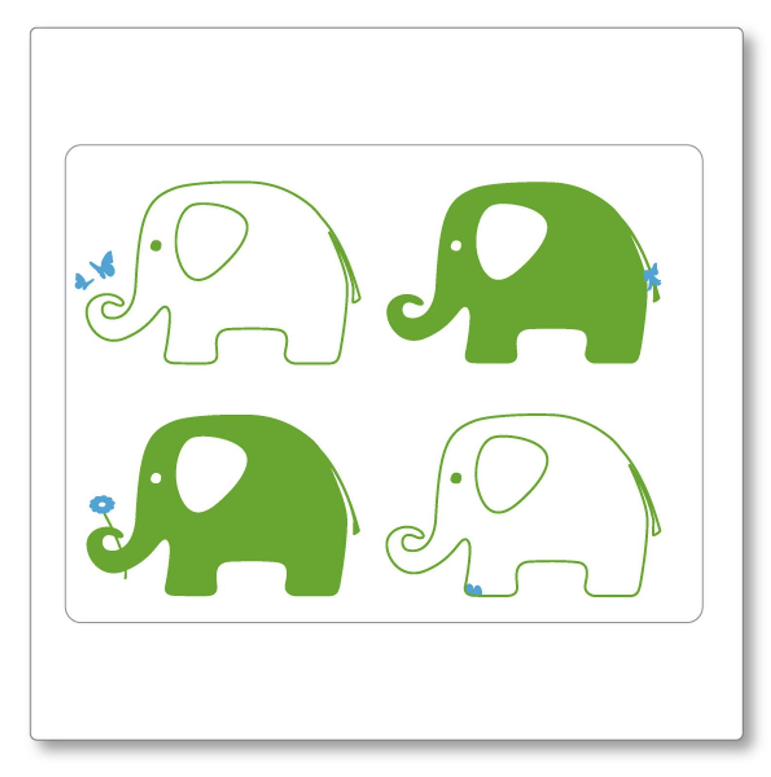 Our elephant vinyl decal has four elephants with accent details like flowers, butterflies and a bow. Shown as lime green and ice blue. 