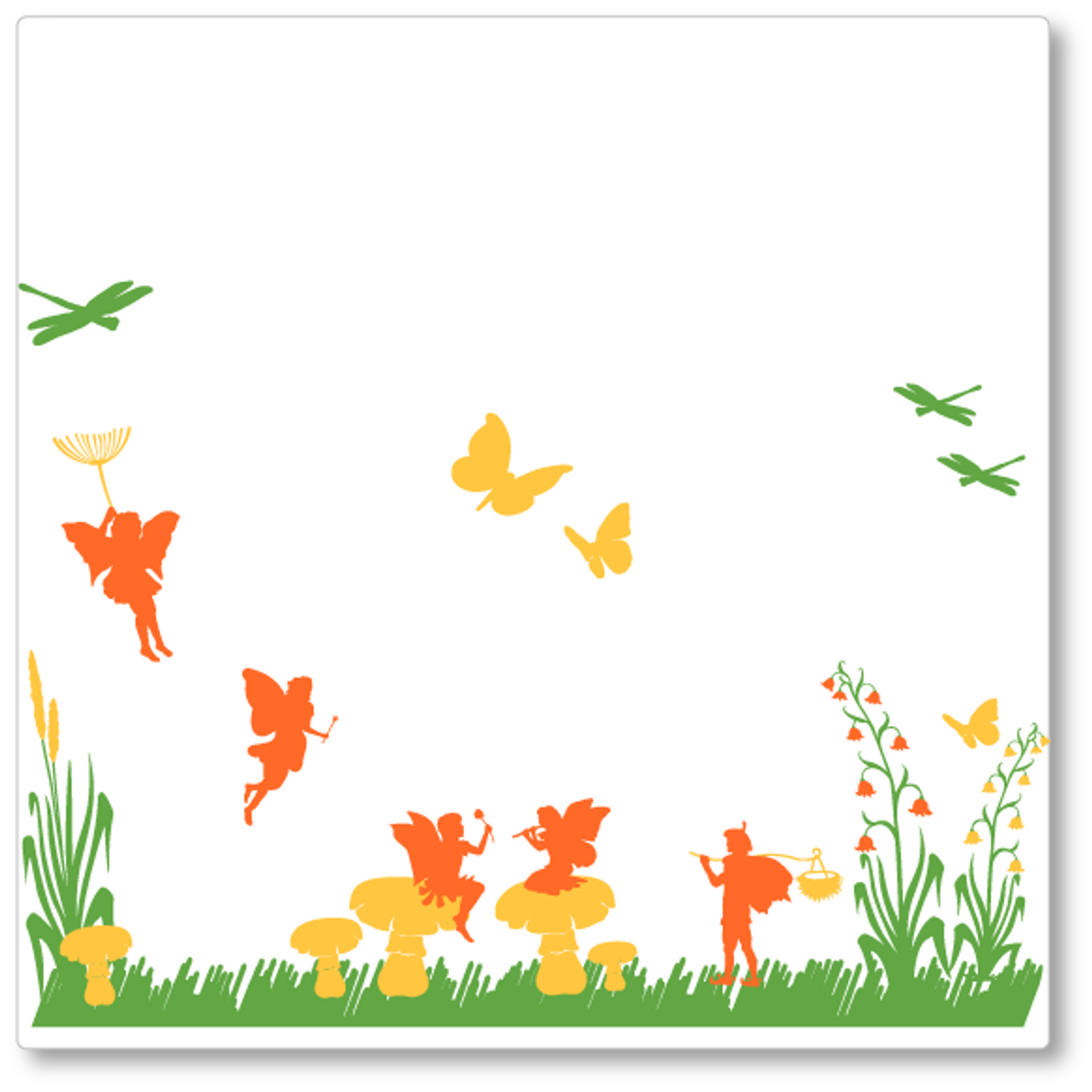 Our fairyland set contains 5 fairies, 5 mushrooms, 3 butterflies and 3 dragon flies, plus grass and flowers. Orange, yellow and green.