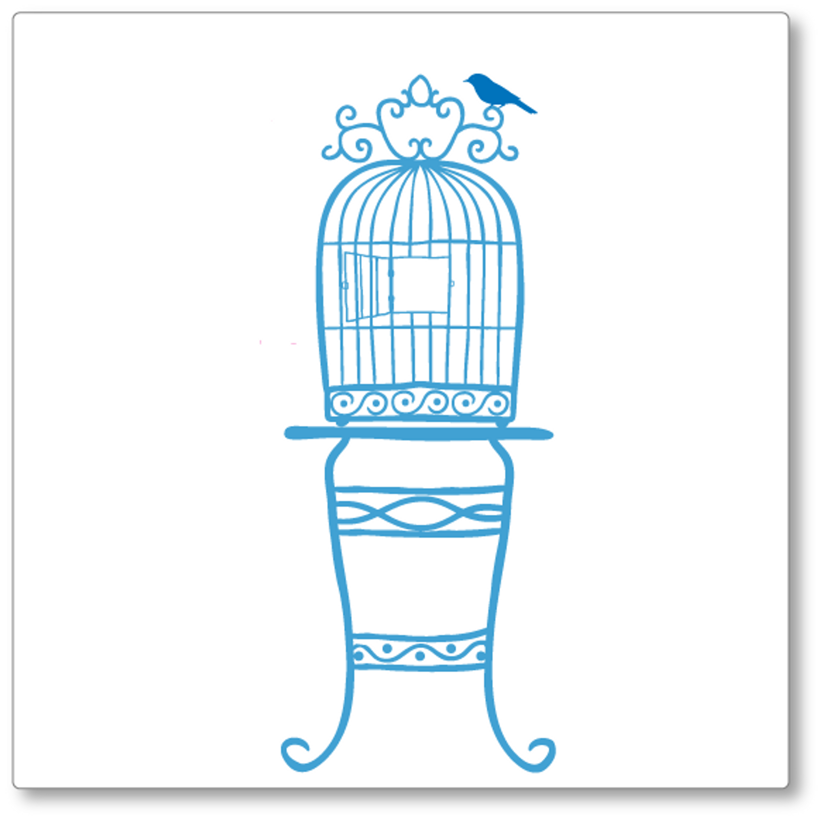 Our quirky birdcage on a table was adapted from a hand drawn image. It adds flair to any wall. Shown in blue, blue bird.