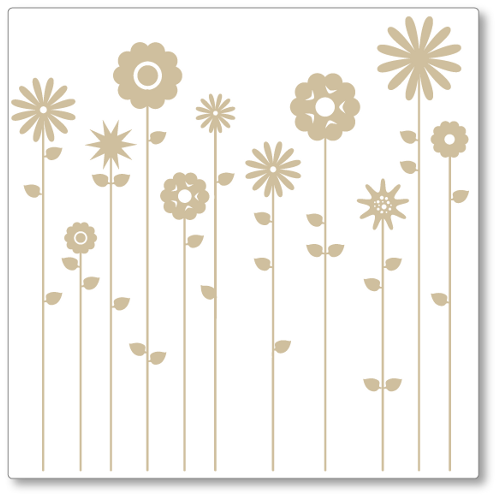 Our field of flowers vinyl wall decal features a variety of flowers on very tall stems with leaves. Shown here in beige on white.