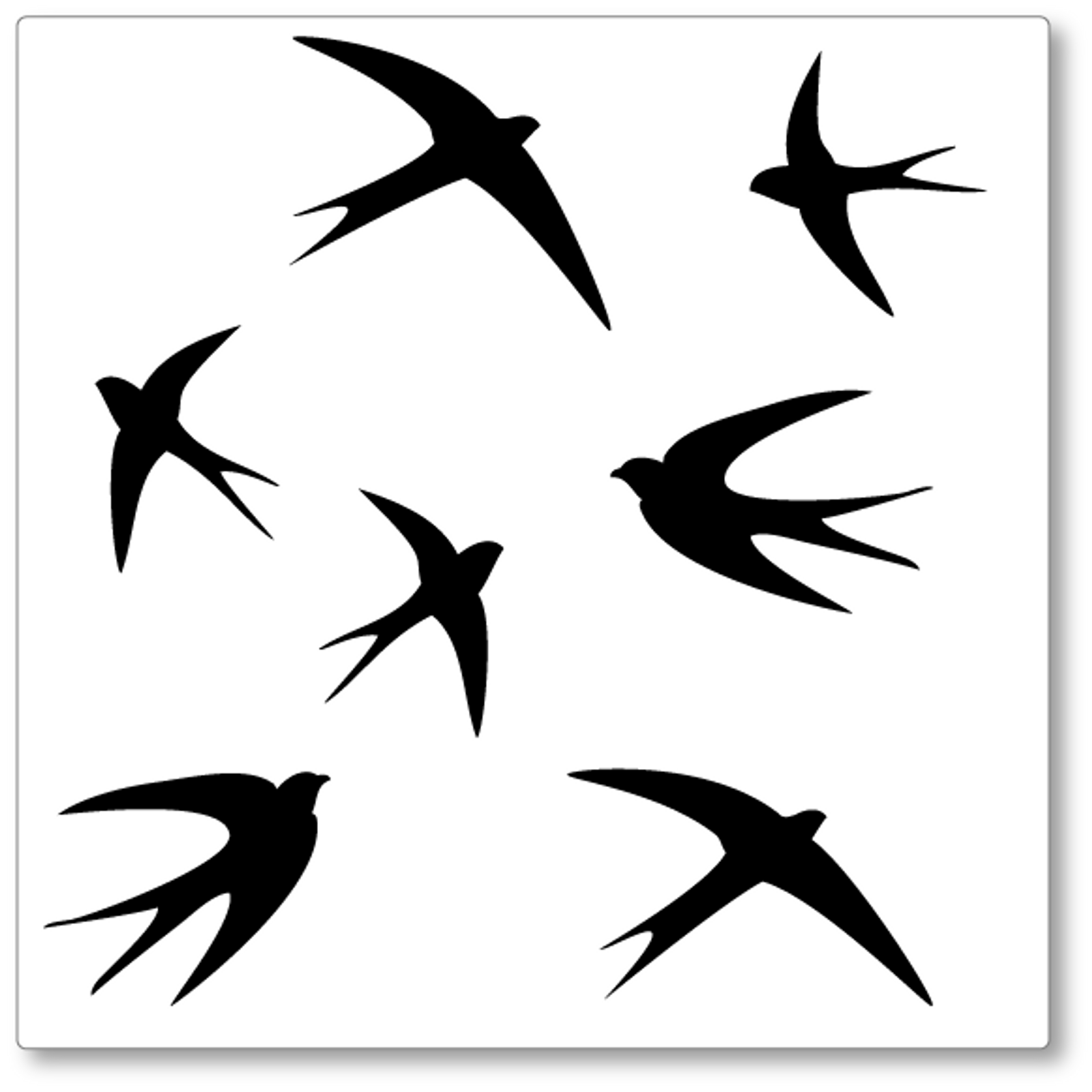 This set of seven swallows flying around looks great almost anywhere. They can be placed as a group or individually. Shown here in black.
