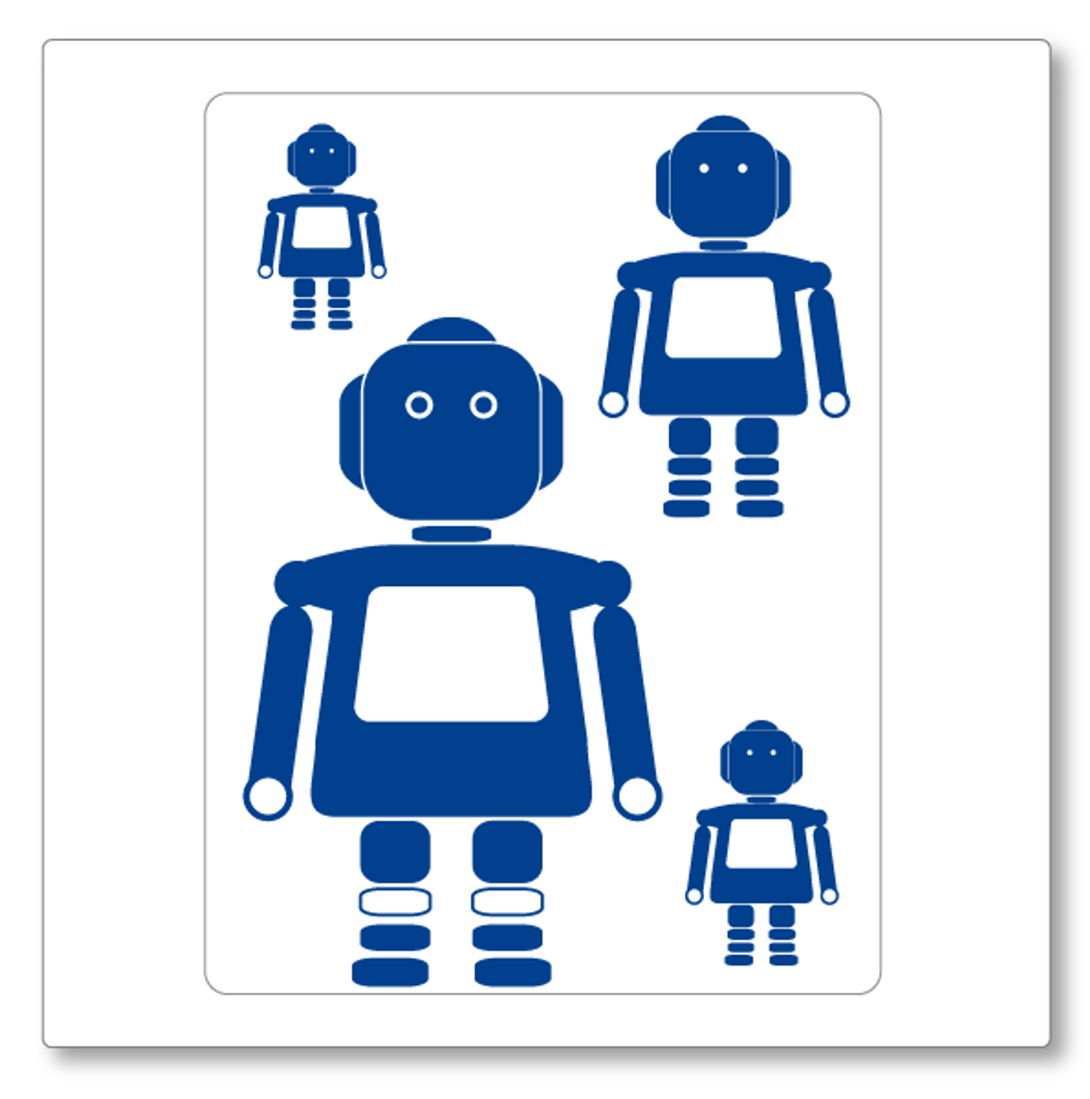 Our girl robots (small) vinyl wall decal set contains four robots of varied size. Shown here in blue on white.