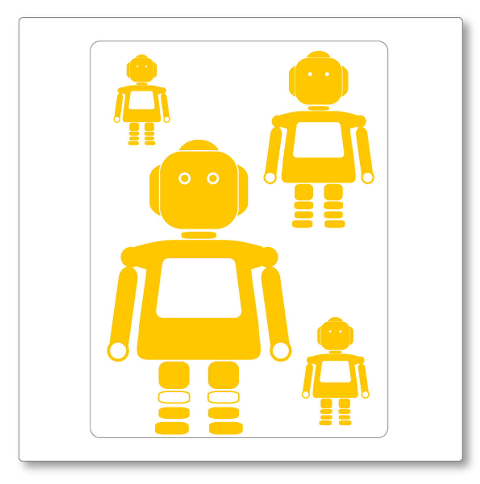 Our girl robots (small) vinyl wall decal set contains four robots of varied size. Shown here in orange on white.