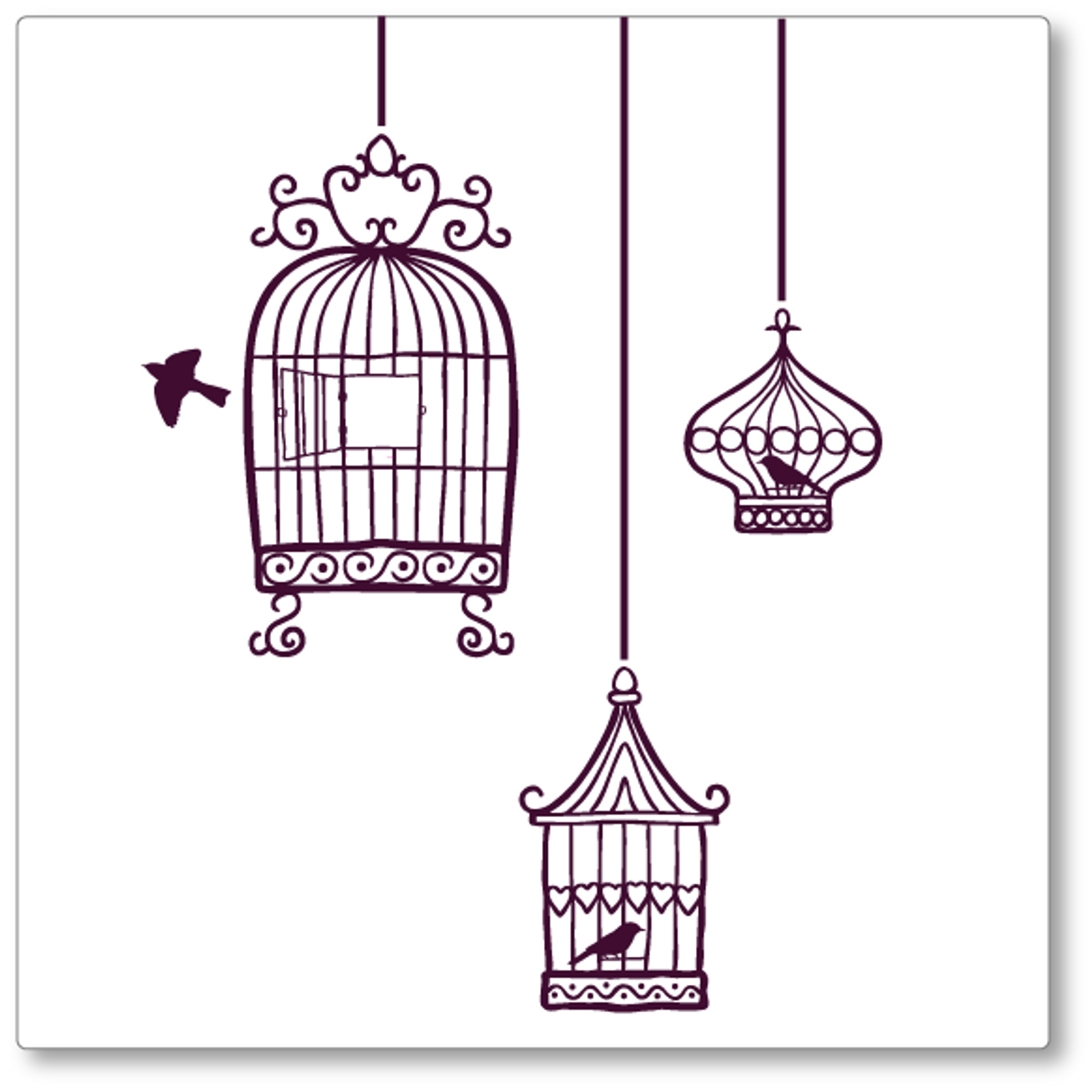 Our quirky set of 3 hanging birdcages was adapted from a hand drawn image. It adds flair to any wall. Shown here in purple, black birds.