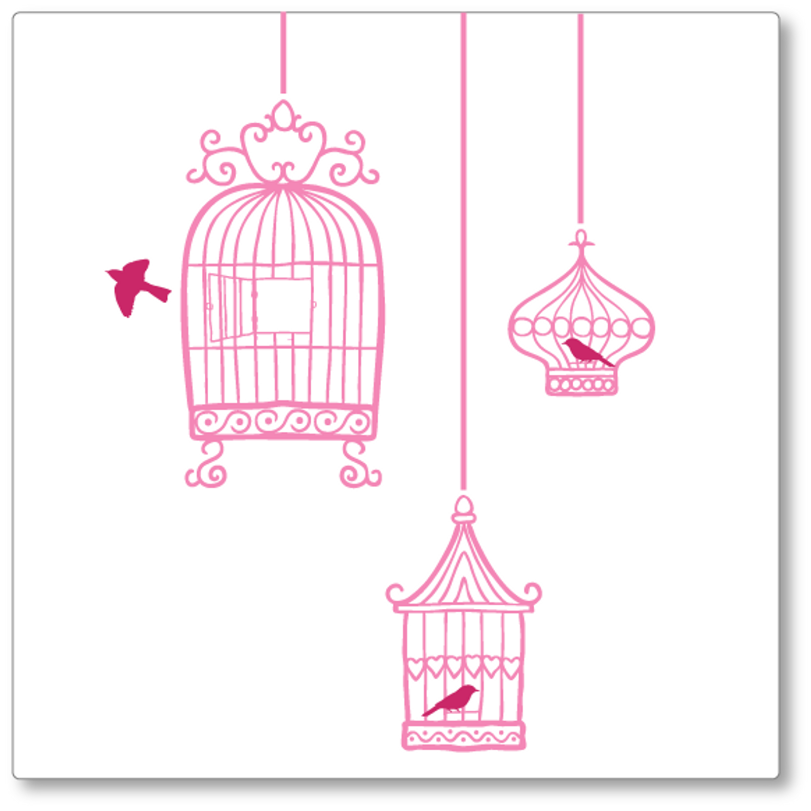 Our quirky set of 3 hanging birdcages was adapted from a hand drawn image. It adds flair to any wall. Shown here in light pink, pink birds.