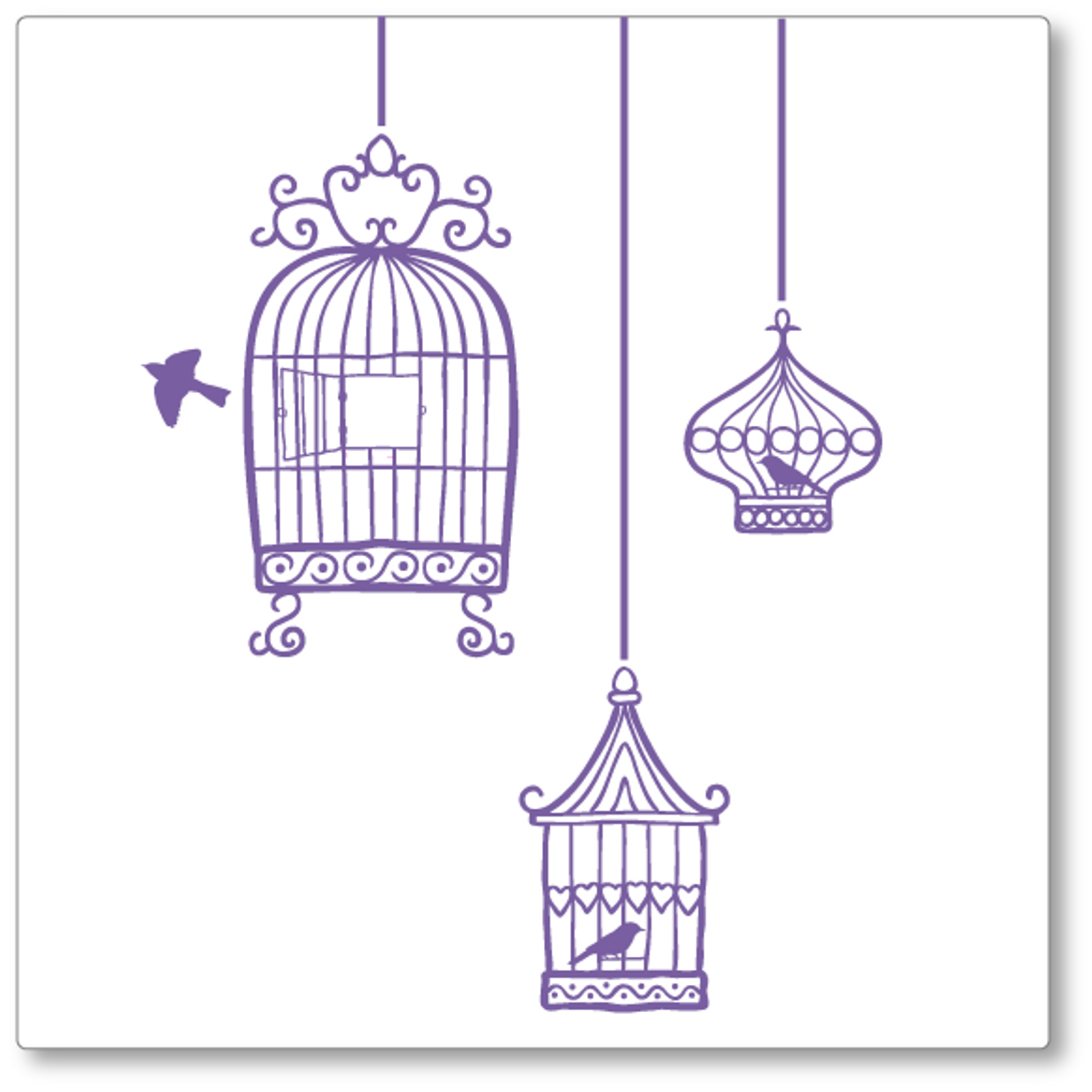 Our quirky set of 3 hanging birdcages was adapted from a hand drawn image. It adds flair to any wall. Shown here in lavender.