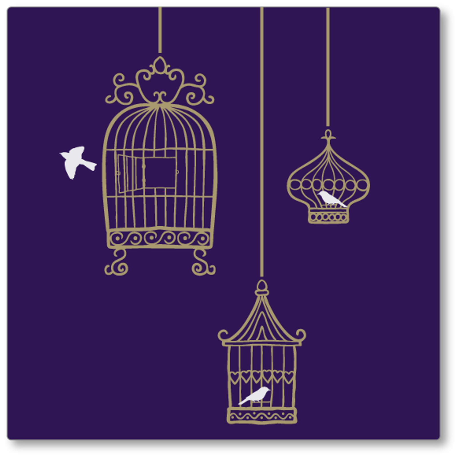 Our quirky set of 3 hanging birdcages was adapted from a hand drawn image. It adds flair to any wall. Shown here gold on purple.