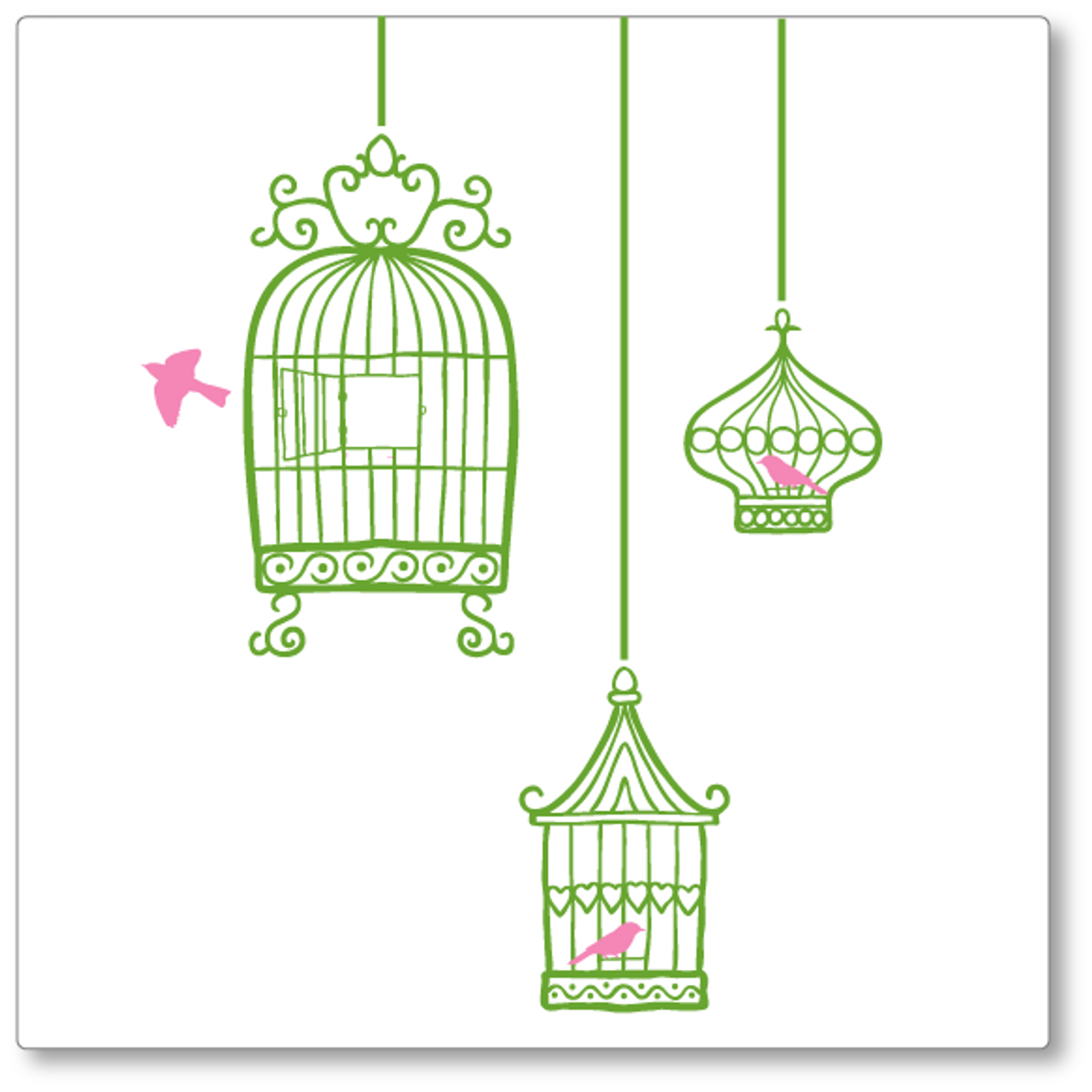 Our quirky set of 3 hanging birdcages was adapted from a hand drawn image. It adds flair to any wall. Shown here in lime, pink birds.