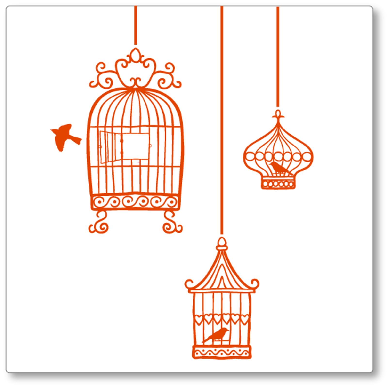 Our quirky set of 3 hanging birdcages was adapted from a hand drawn image. It adds flair to any wall. Shown here in orange, red birds.