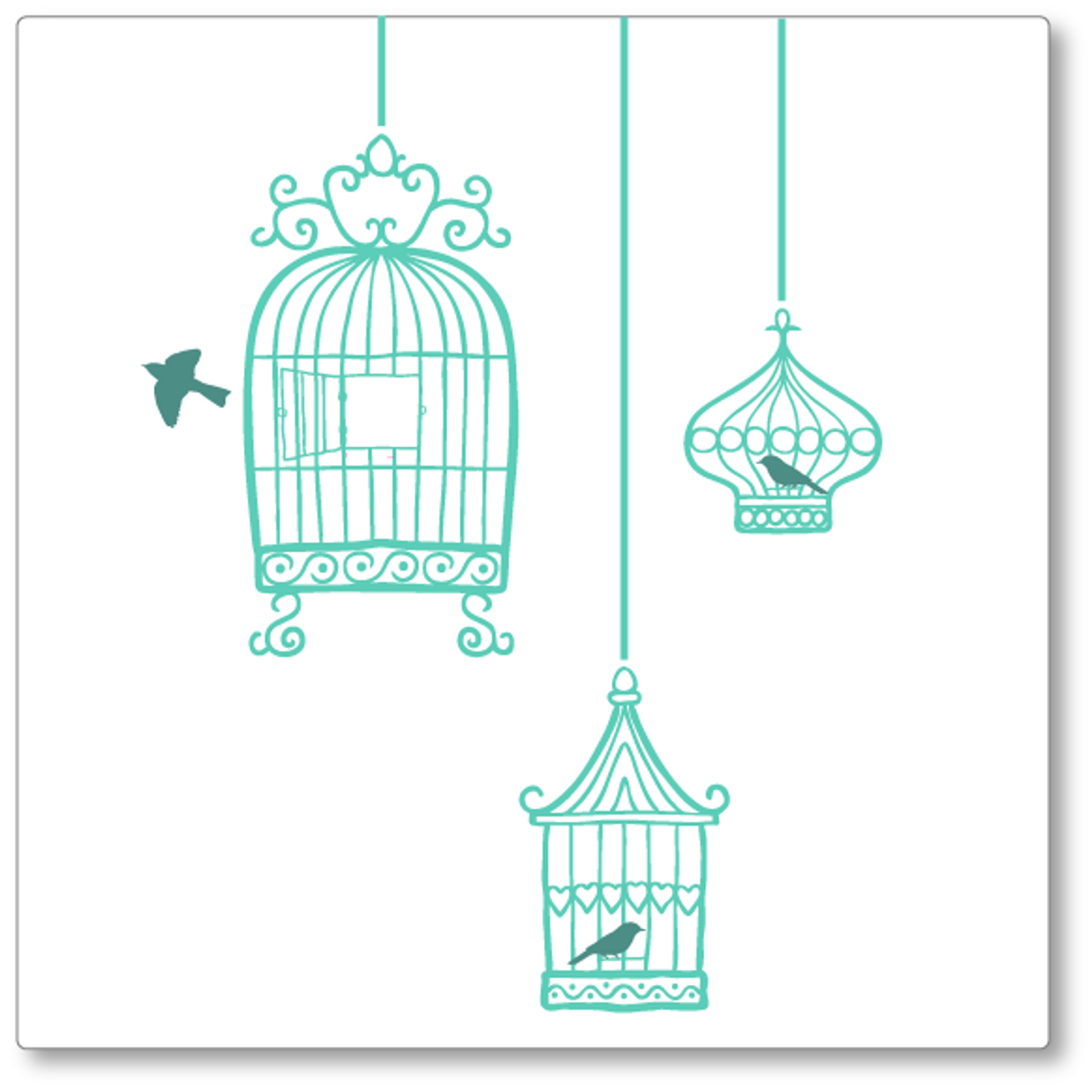 Our quirky set of 3 hanging birdcages was adapted from a hand drawn image. It adds flair to any wall. Shown here green, teal birds.