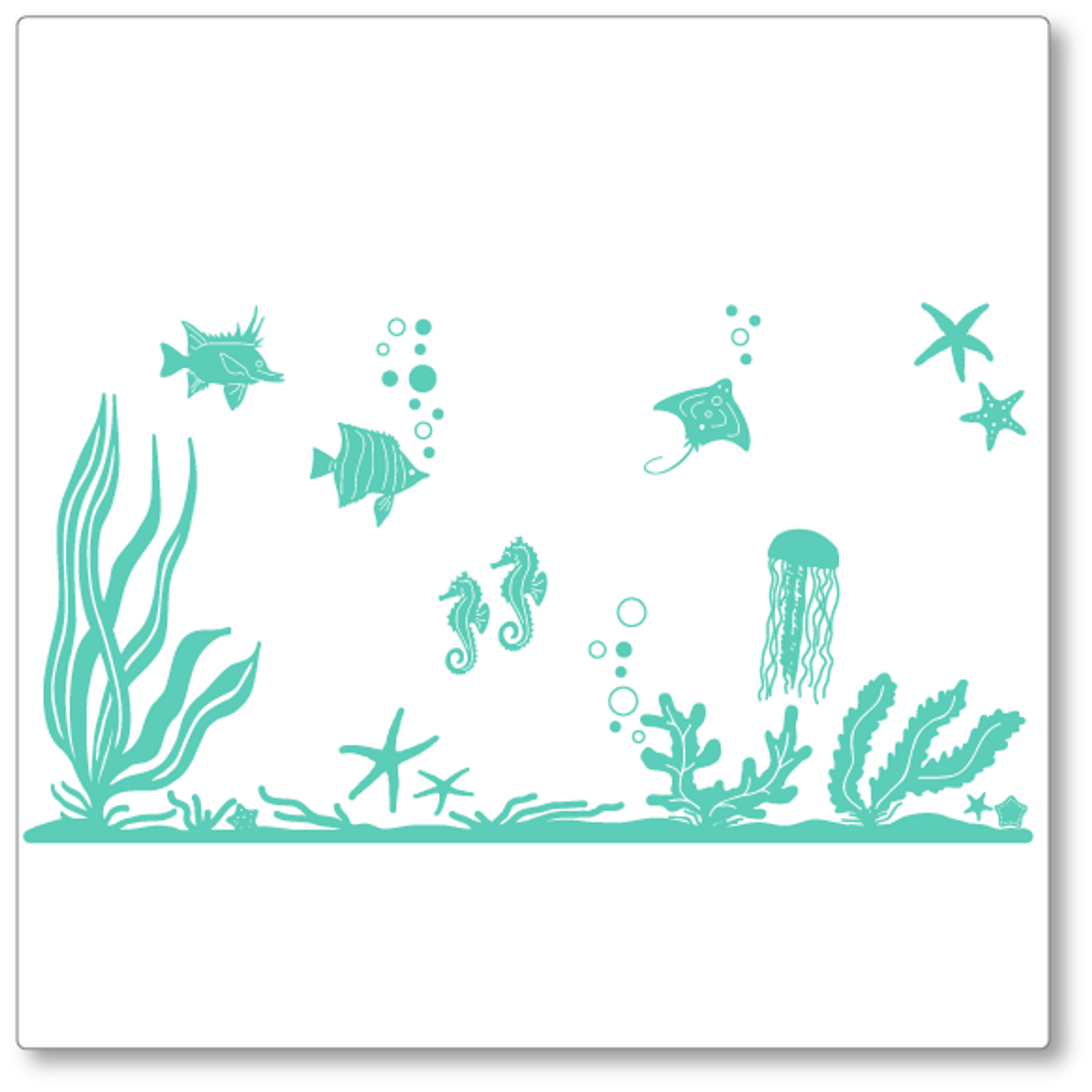 Our underwater world decal has fish, seahorses, jellyfish, starfish, seabed and plants and bubbles. Shown in mint.