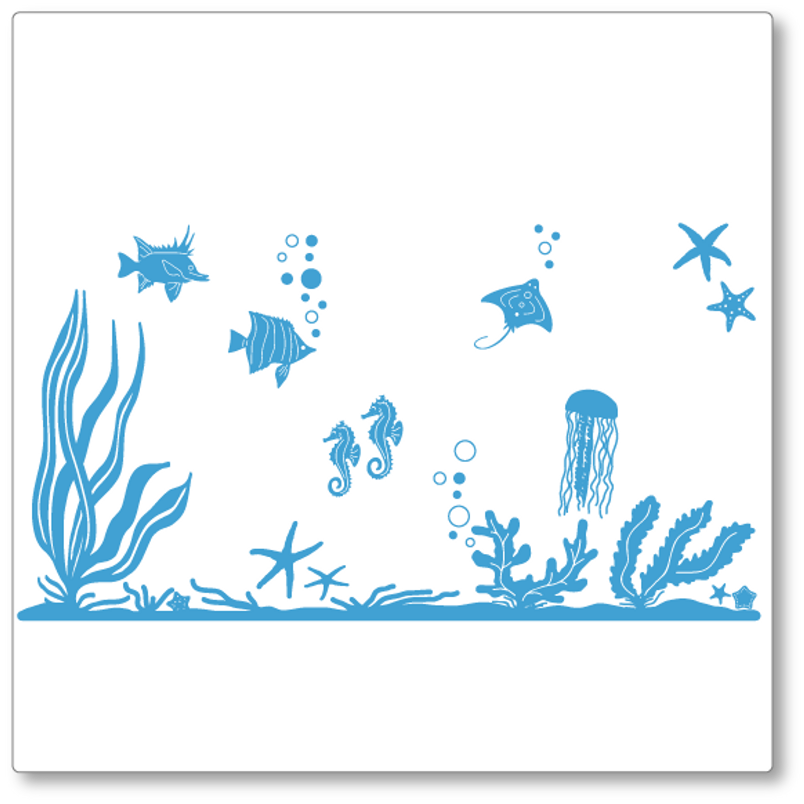 Our underwater world decal has fish, seahorses, jellyfish, starfish, seabed and plants and bubbles. Shown in ice blue.