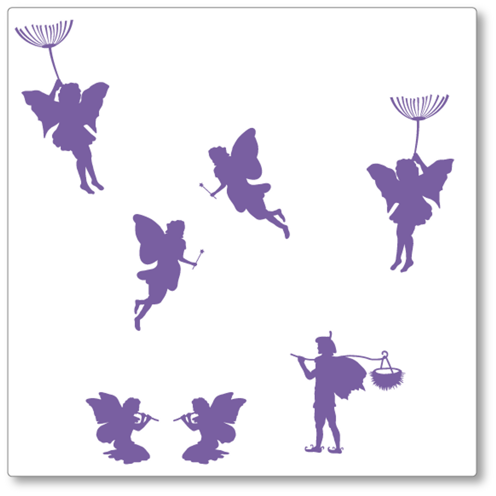 Our whimsical fairies set contains seven fairies, four flying, two seated and one standing. Shown here in lavender on white.