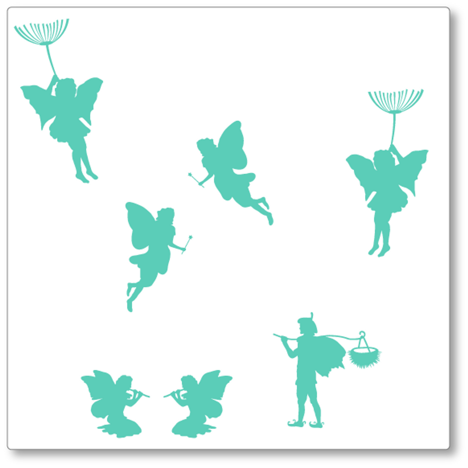 Our whimsical fairies set contains seven fairies, four flying, two seated and one standing. Shown here in mint on white.