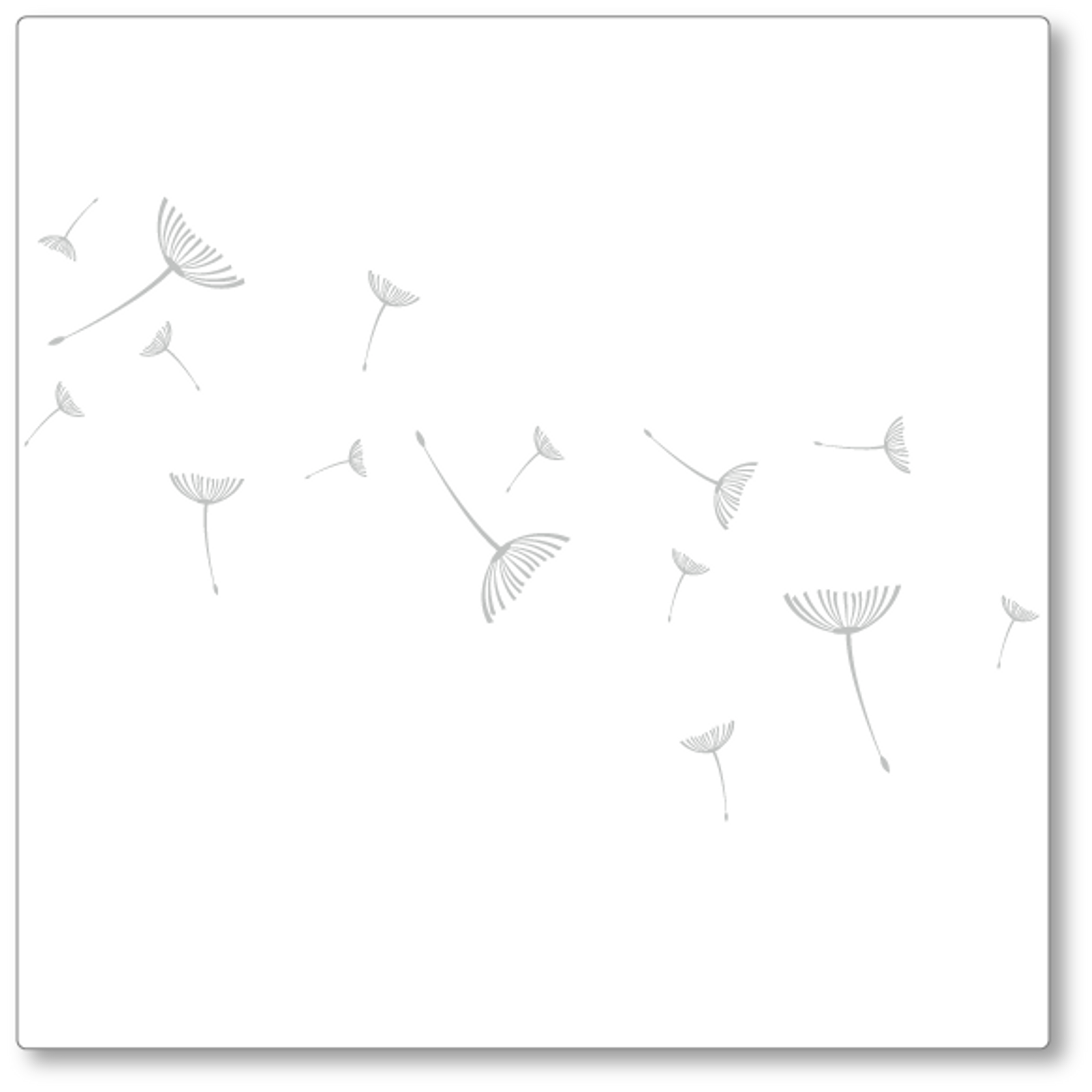 The dandelion seeds flying away decal has fifteen seeds of varying sizes flying away. Shown here in light grey on white.