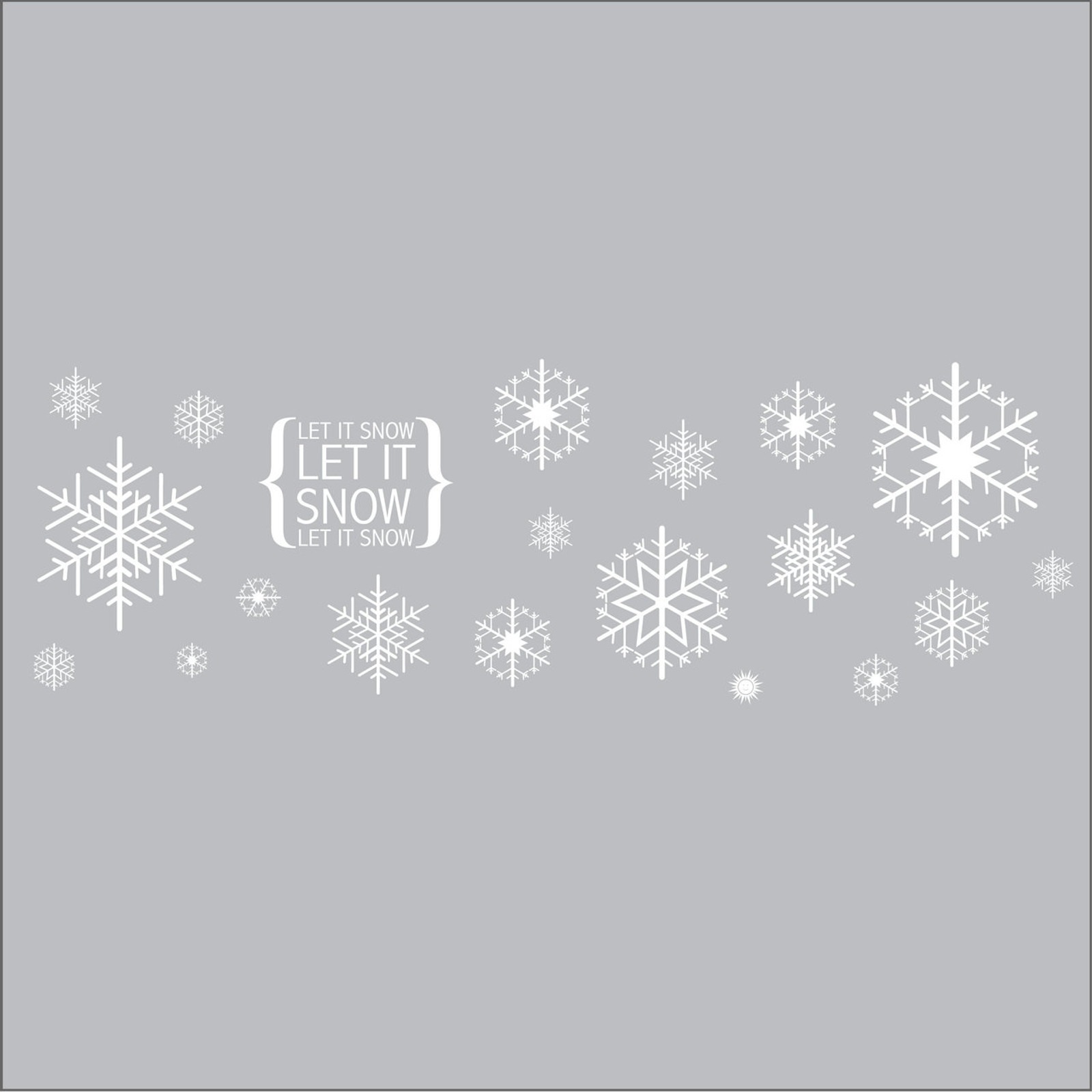 A HUGE decal featuring snowflakes, the text ‘let it snow’ and a sun. Create an amazing feature wall this Christmas! White on grey.