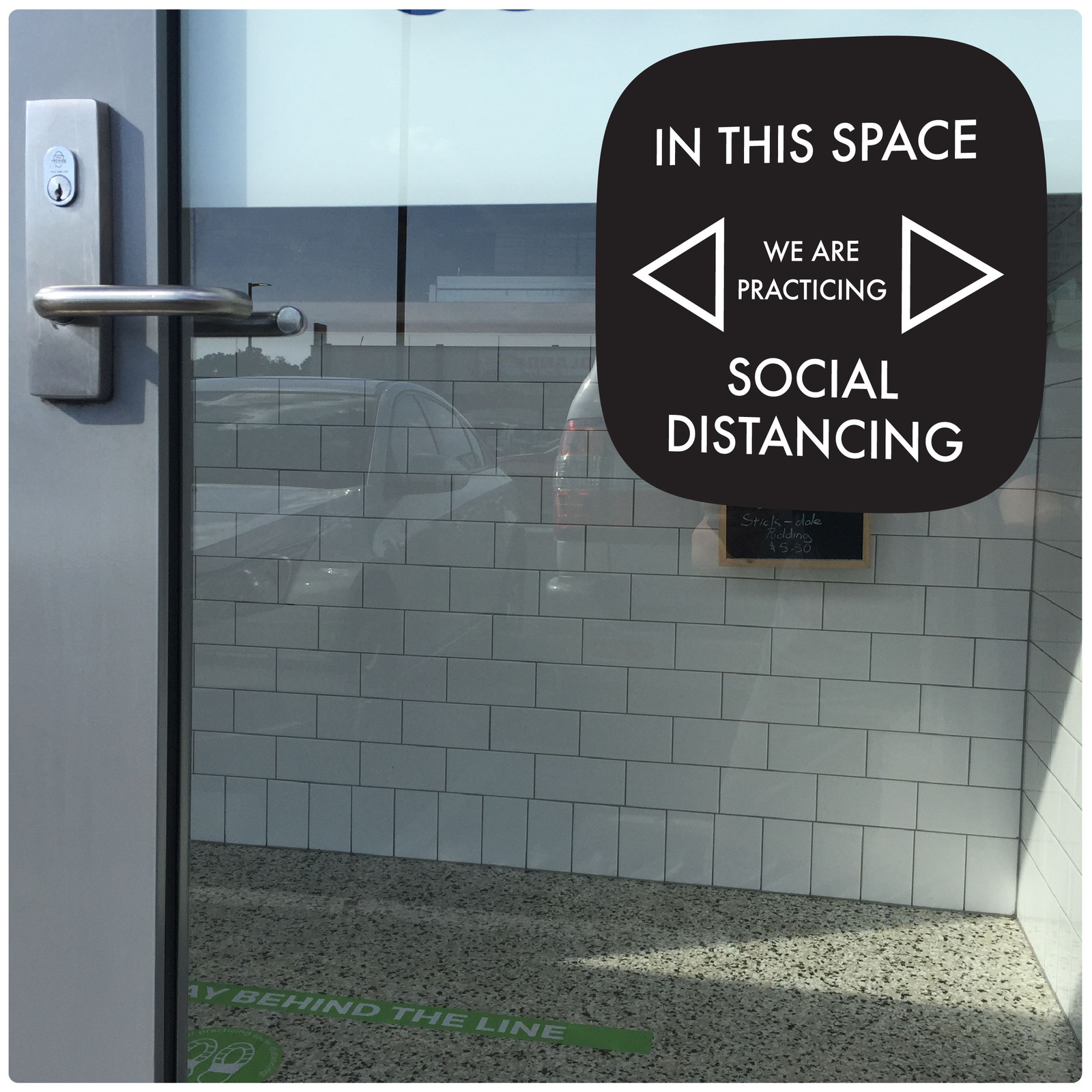 social distancing DOOR sticker,  black
Self-adhesive Corona virus WINDOW sticker to help social distancing.