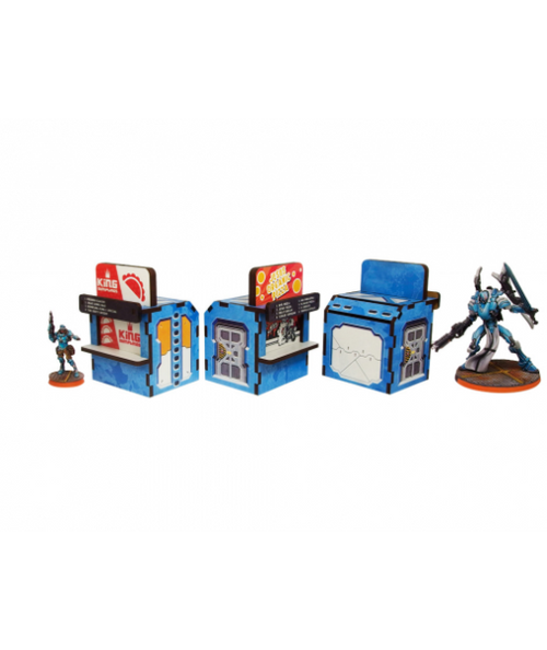 Infinity Prepainted Terrain: District 5 Food Booths (3) (blue)