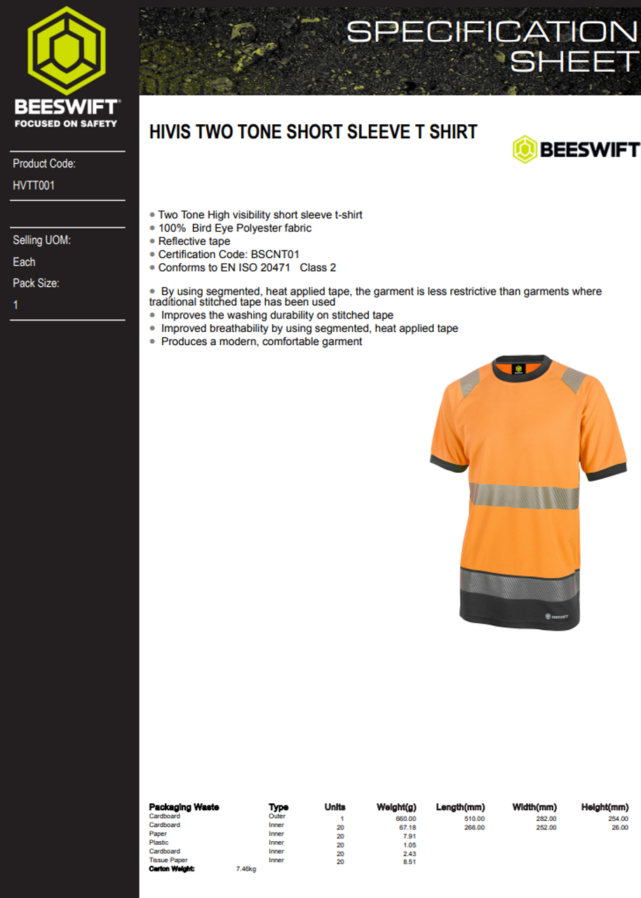 Beeswift Men's Hi Vis Two Tone T-Shirt Short Sleeve Orange Black