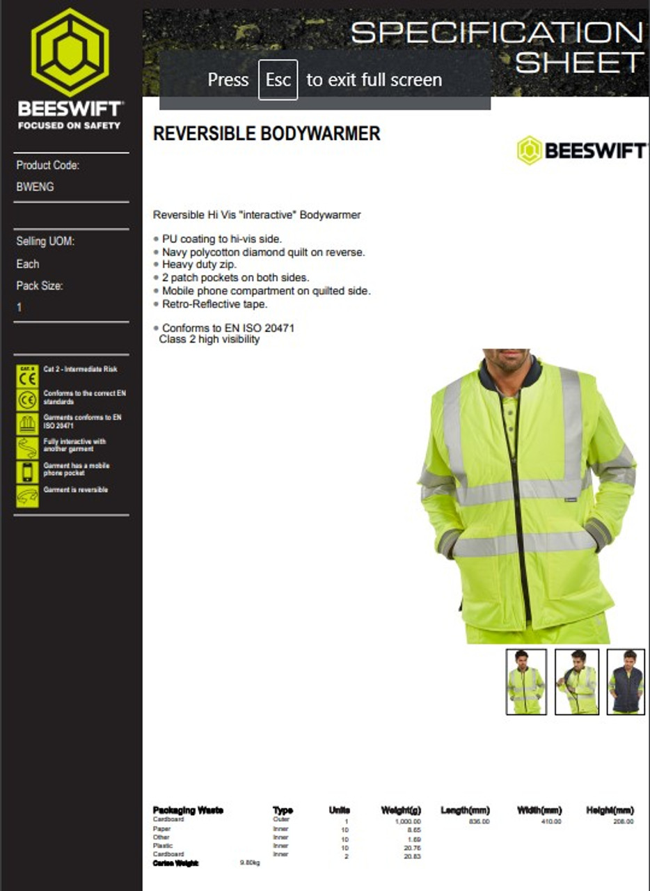 Beeswift Men's Hi Vis Reversible Bodywarmer Yellow Navy