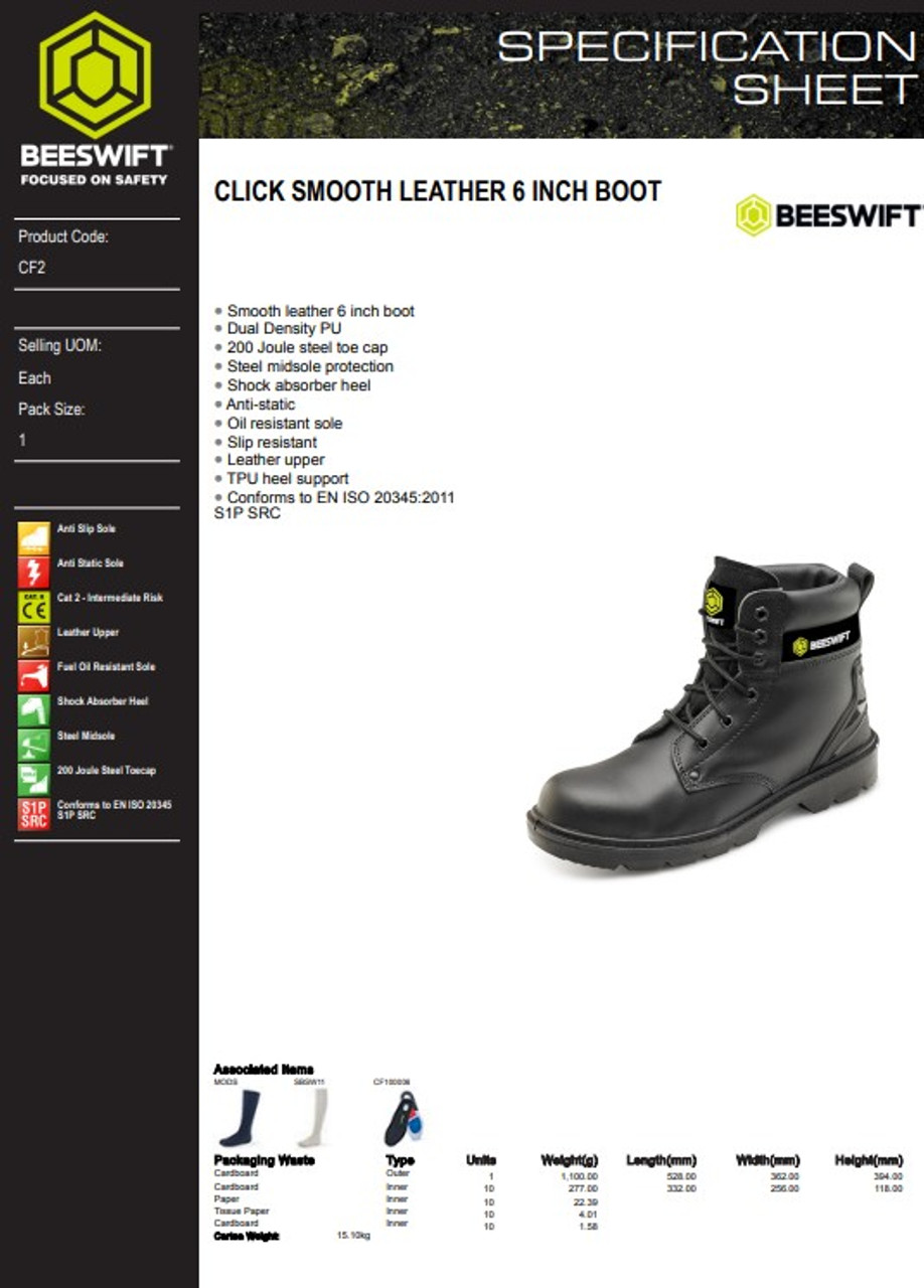 Beeswift Men's Steel Toe Cap Smooth Leather 6 Inch Boot Black