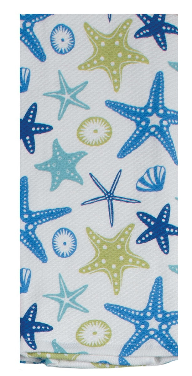 2-Pack Hanging Kitchen Hand Towels - Starfish Beach Design, Microfiber, 12x17 Inches With Magic Sticker Loop