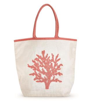 coral beaded coastal jute tote bag