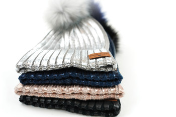 shiny glam pom pom beanie winter hat