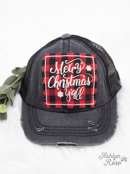 merry christmas y'all black youth kids girls hat with buffalo plaid patch