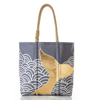 sea bags golden mermaid and waves tote bag silver gray