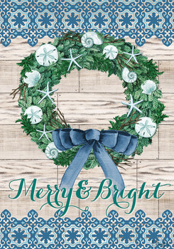 merry and bright coastal wreathe christmas garden flag