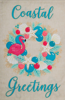 pink flamingo wreath coastal greetings burlap garden flag pink flamingo wreath coastal greetings burlap garden flag