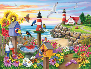 garden by the sea puzzle with bird houses and lighthouse by the beach
