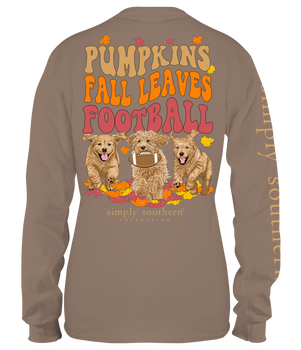 simply southern long sleeve t-shirt tee pumpkins, fall leaves and football with dogs