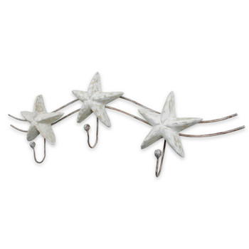 large white starfish wall hooks trio on metal wave