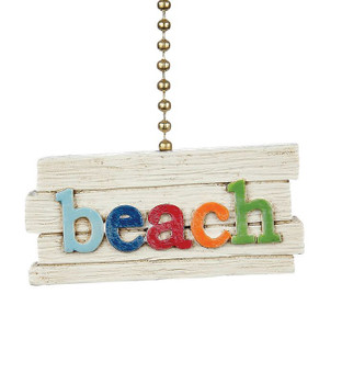 colorful beach sign on white slatwood shiplap coastal ceiling fan pull beach house