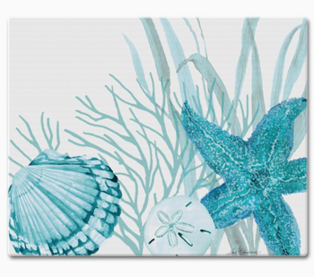 glass cutting board counter saver starfish crab coral aqua shells