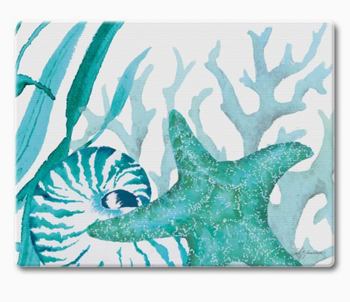 glass-cutting-board-coastal-aqua-coral-shells-nautilus
