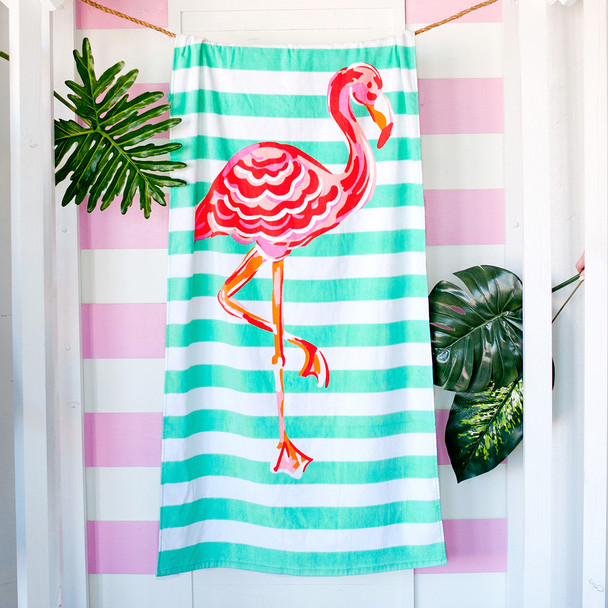 Pink Flamingo Stripe Beach Towel