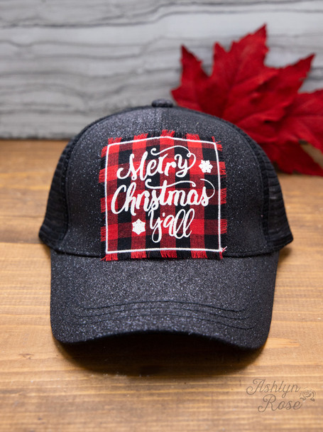 glitter black merry christmas y'all buffalo plaid hat