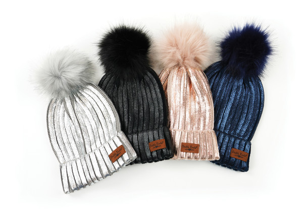 shiny glam pom pom beanie winter hat