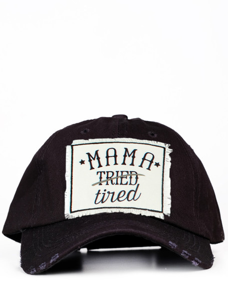 mama tired black distressed hat
