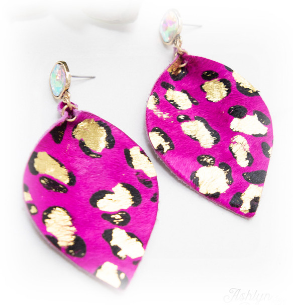 pink leopard glitter earrings