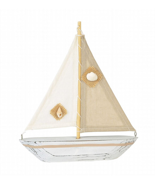 coastal sailboat with wood and natural sails and seashells