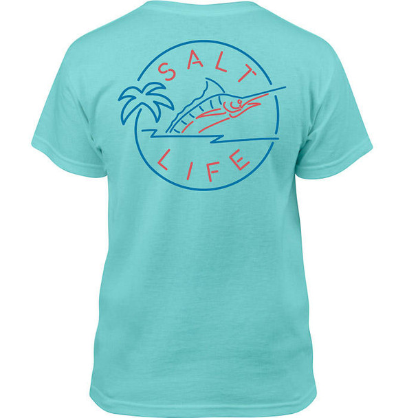 Salt Life youth t-shirt celadon aqua salty hour blue marlin palm tree neon sign