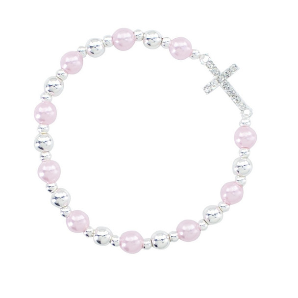 pink pearl girls kids bracelet with cross